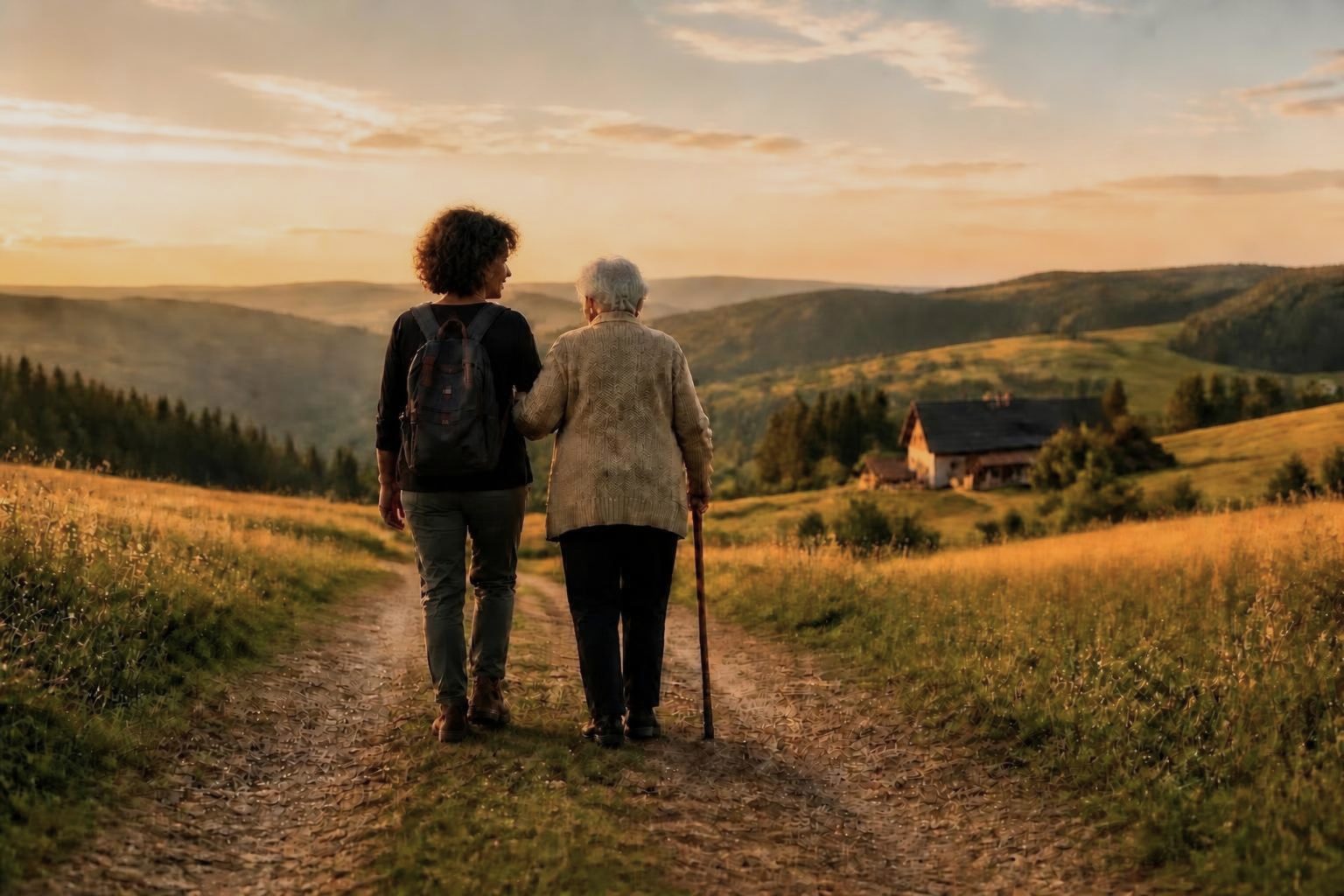 Zwei Frauen spazieren Arm in Arm auf einem Wiesenweg durch die Schwarzwaldlandschaft im Abendlicht